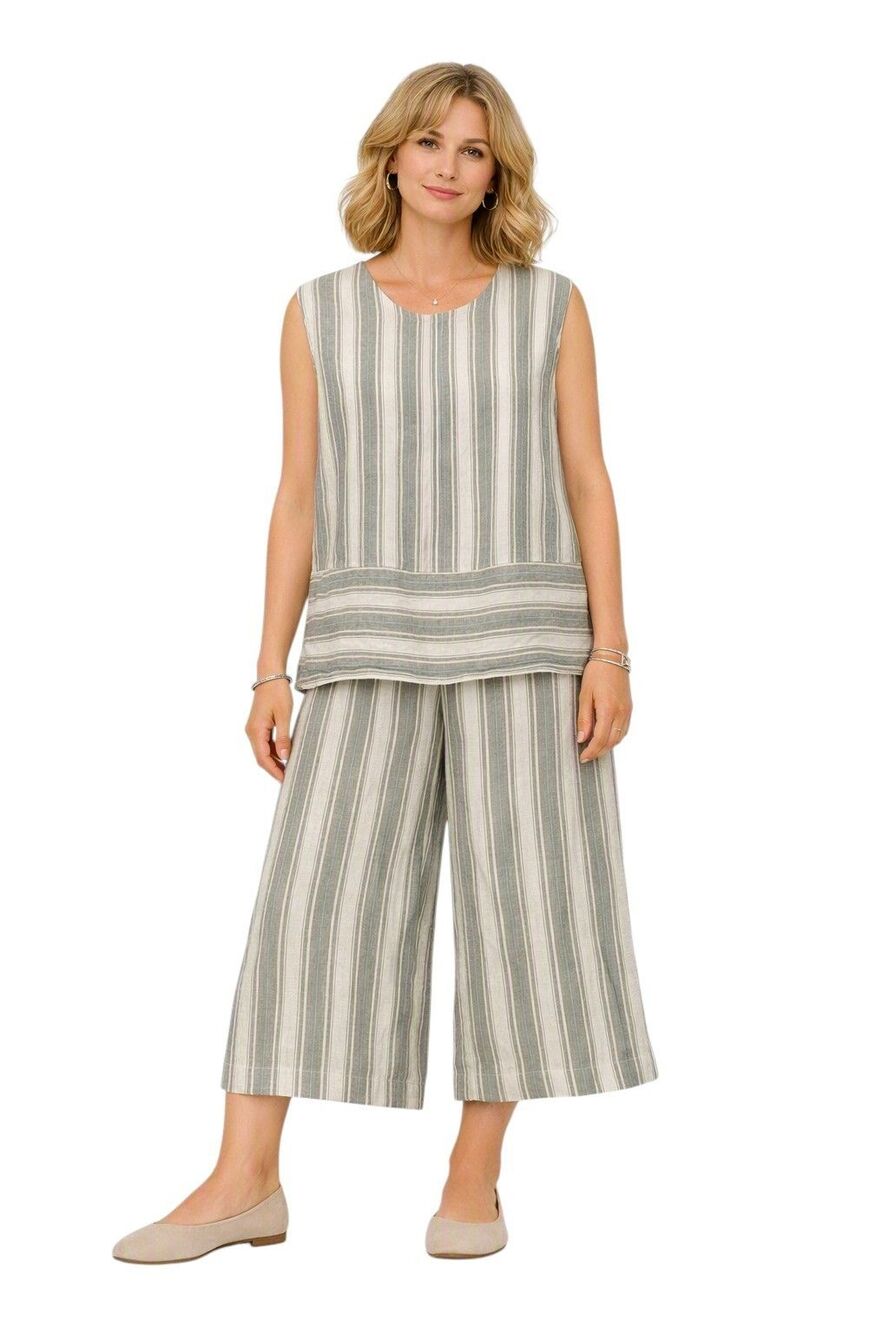 Bryn Walker Linen Wide Leg Pants & Top Set Size S Grey Stripe Sleeveless Pull On